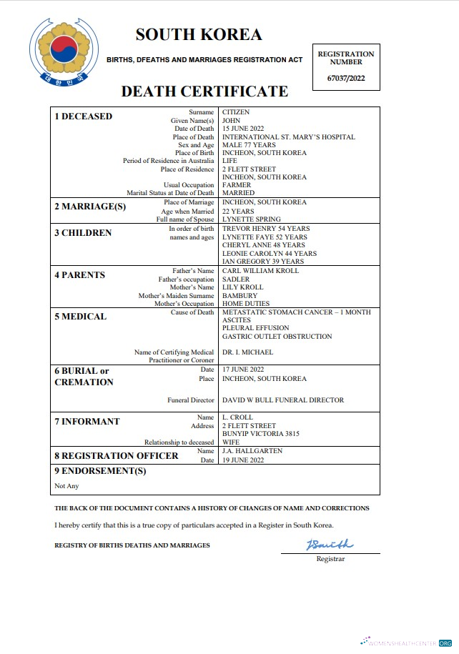 Download South Korea vital record death certificate Word and PDF template Photoshop template